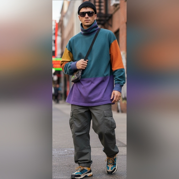 VNTG 90s Britches Great Outdoor 100% Cotton Rugby Turtleneck Colorblock Shirt Lg